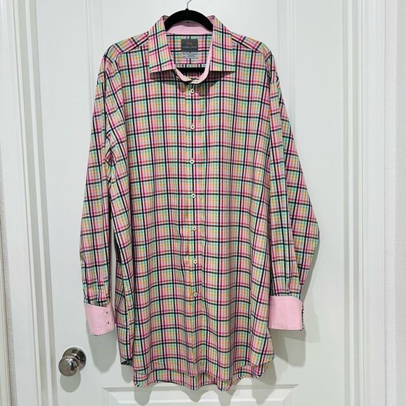 Thomas Dean Men’s Pink Plaid Contrast Cuffs Button Up Shirt Sz. 2XLT Pima Cotton - Picture 2 of 13